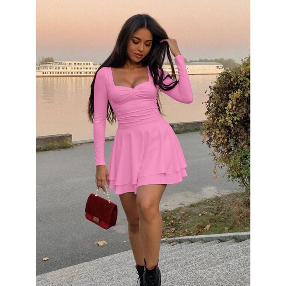 Women's Pink Square Neck Long Sleeves Ruched Ruffle Corset A Line Party Dress - Picture 4 of 4